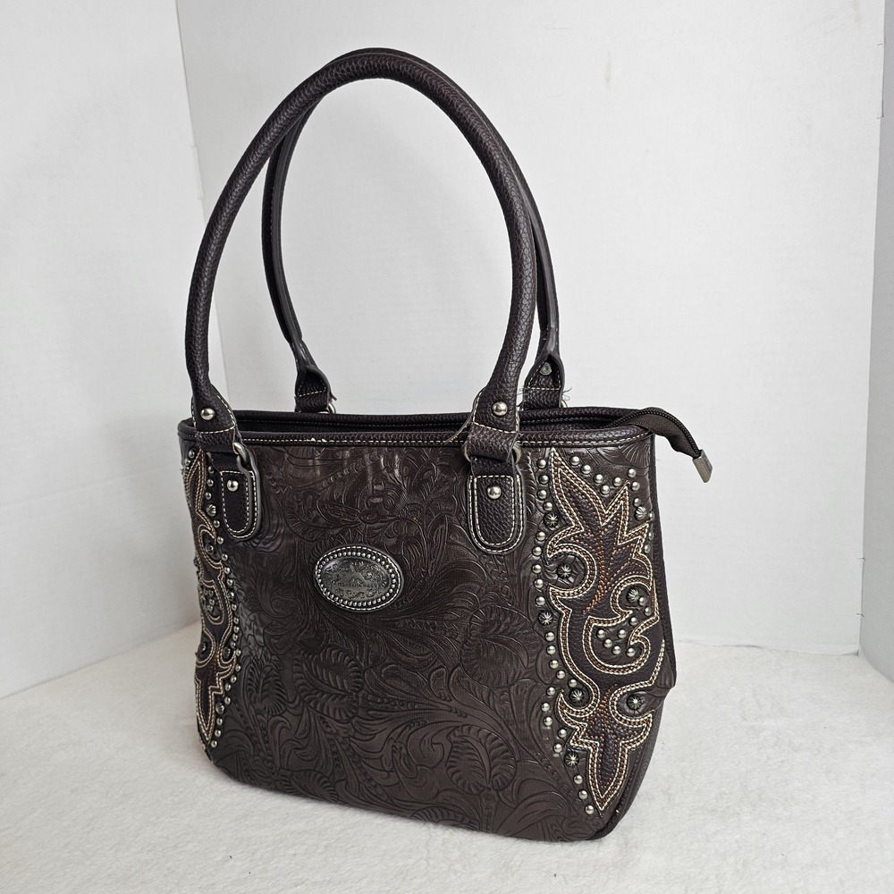 Montana West Studded Conchos Tooled Faux Leather Bag Purse Brown